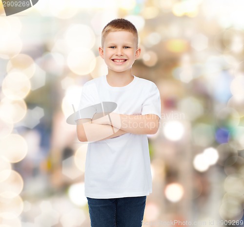 Image of smiling little boy in white blank t-shirt