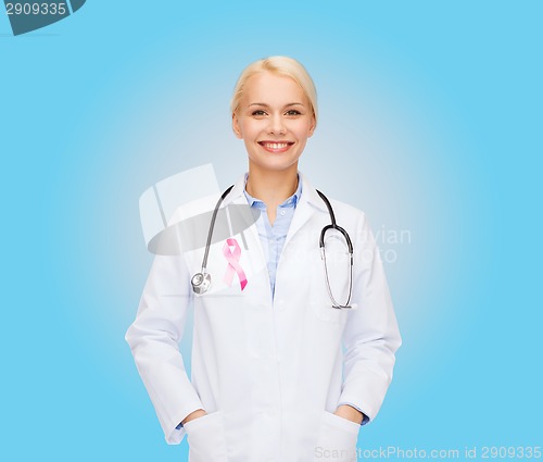 Image of doctor with stethoscope, cancer awareness ribbon