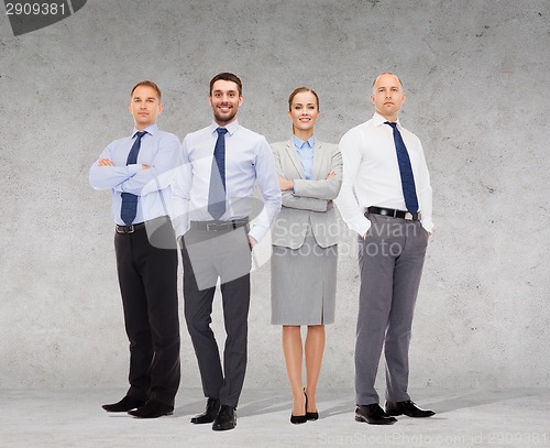 Image of group of smiling businessmen over white background