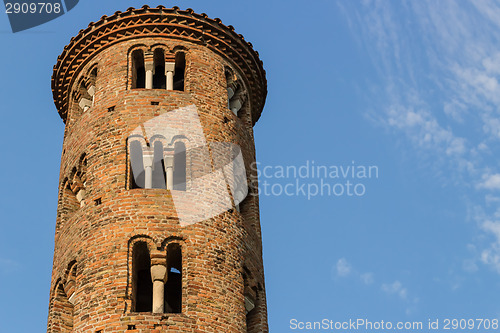 Image of Romanesque cylindrical bell tower of countryside church