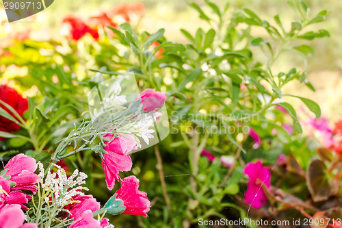 Image of Votive plastic flowers under a tree