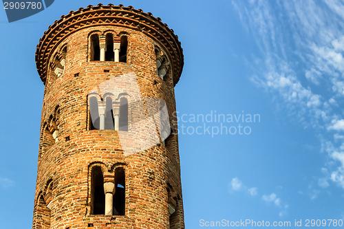 Image of Romanesque cylindrical bell tower of countryside church