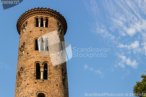 Image of Romanesque cylindrical bell tower of countryside church