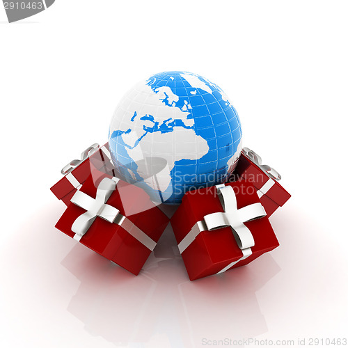 Image of Traditional Christmas gifts and earth. Global holiday concept 