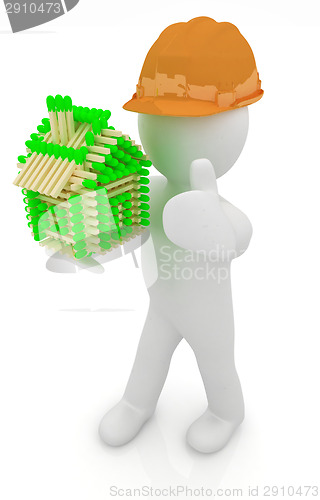 Image of 3d architect man in a hard hat with thumb up with log house from