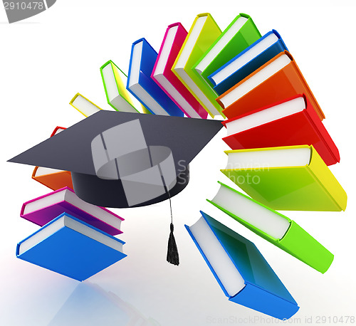 Image of Colorful books like the rainbow and graduation hat 