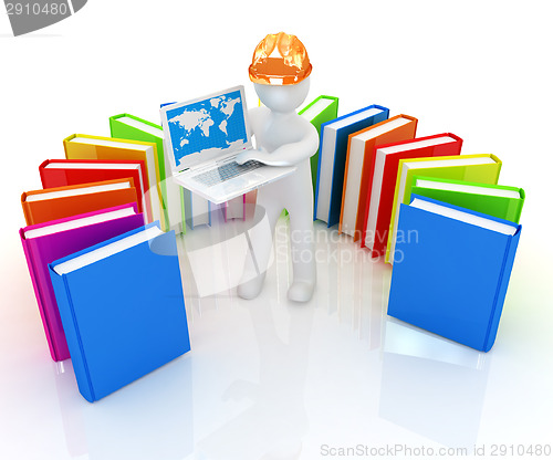 Image of 3d man in hard hat working at his laptop and books 