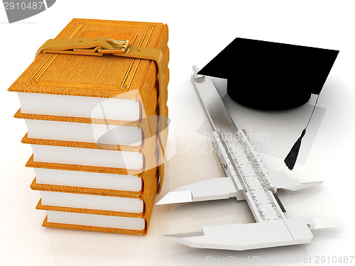 Image of Vernier caliper, books and graduation hat. The best professional