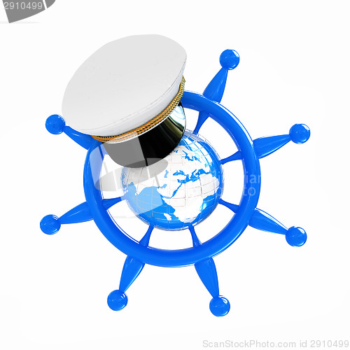 Image of Steering wheel with Earth, and marine cap . Trip around the worl