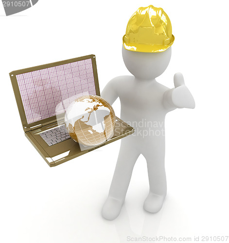 Image of 3D small people - an international engineer with the laptop and 