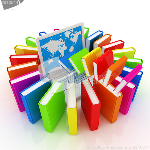 Image of Colorful books flying and laptop 