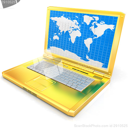 Image of Gold laptop with world map on screen 