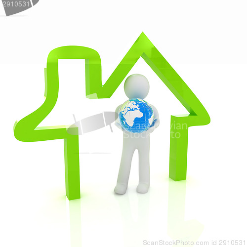 Image of 3d man, house icon and earth