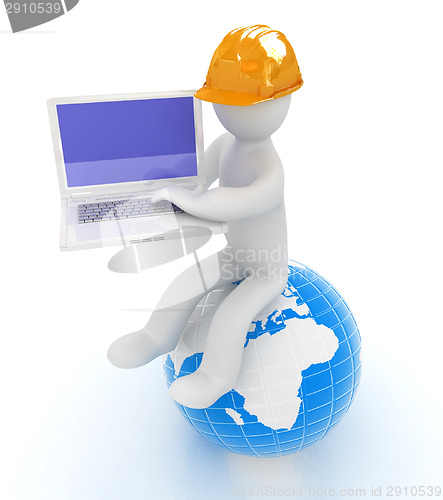 Image of 3d man in a hard hat sitting on earth and working at his laptop