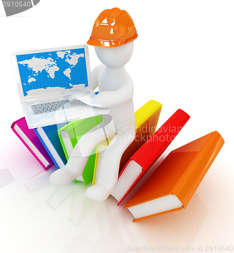 Image of 3d man in hard hat sitting on books and working at his laptop 