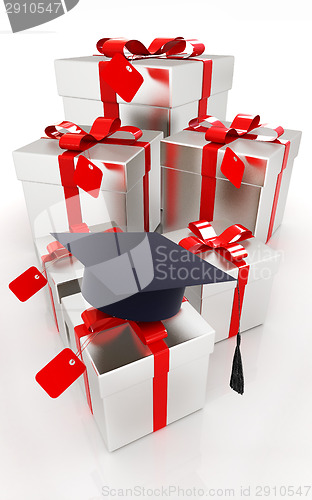 Image of graduation hat and gifts on a white background 