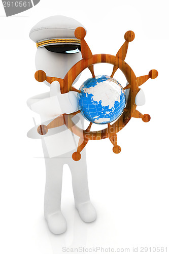 Image of Sailor with wood steering wheel and earth. Trip around the world