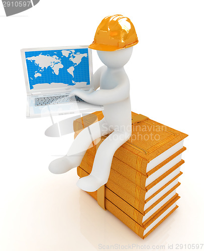 Image of 3d man in hard hat sitting on books and working at his laptop 