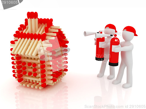 Image of 3d man with red fire extinguisher and log houses from matches pa