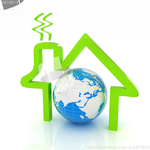 Image of 3d green icon house, earth on white background 