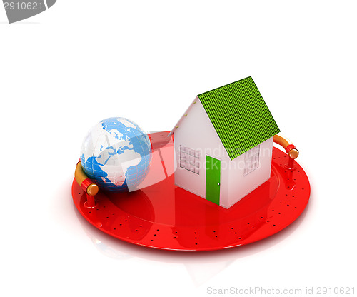 Image of house and earth on restaurant cloche isolated on white backgroun
