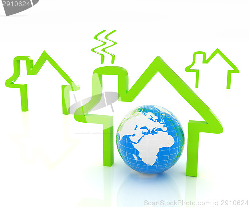 Image of earth and icon house on white background 