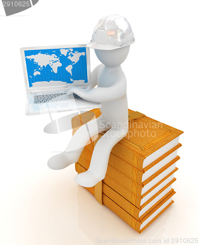 Image of 3d man in hard hat sitting on books and working at his laptop 