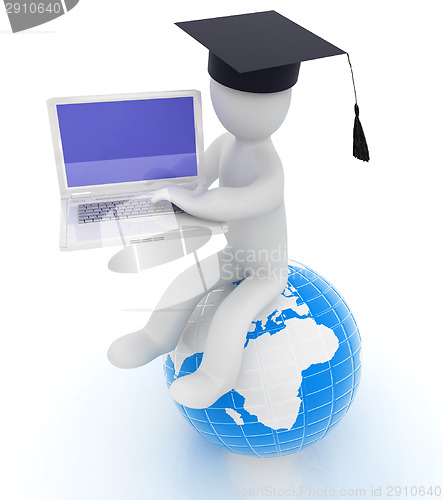 Image of 3d man in graduation hat sitting on earth and working at his lap