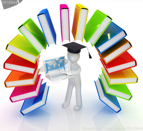 Image of Colorful books like the rainbow and 3d man in a graduation hat w
