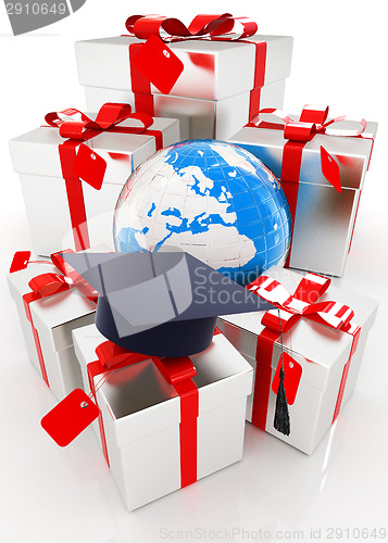 Image of graduation hat and gifts with earth