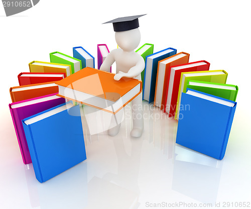 Image of 3d white man in a graduation hat with useful books - best gift a