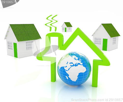 Image of 3d green house, earth and icon house on white background 