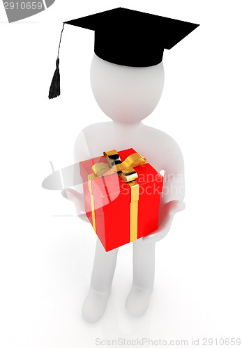 Image of 3d man in graduation hat with gift on a white background