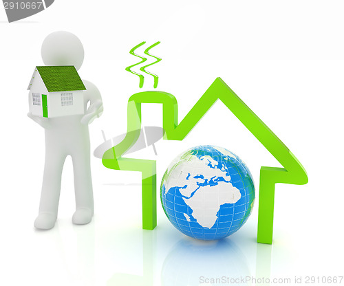 Image of 3d man, house icon and earth