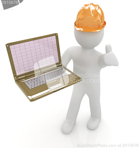 Image of 3D small people - an engineer with the laptop 