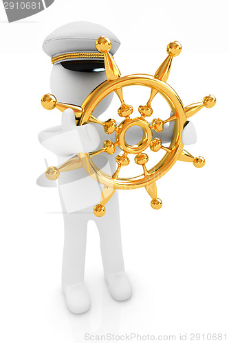 Image of Sailor with gold steering wheel and earth. Trip around the world