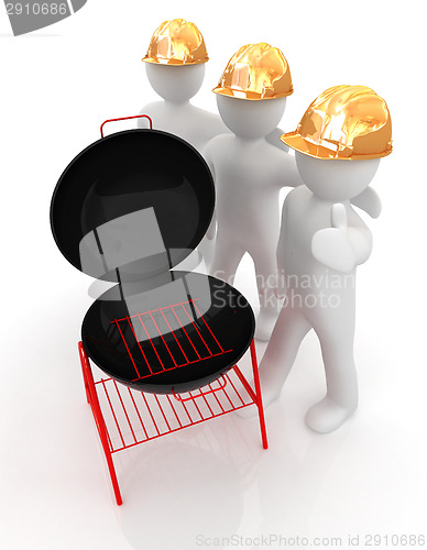 Image of 3d mans in a hard hat with thumb up and barbecue grill