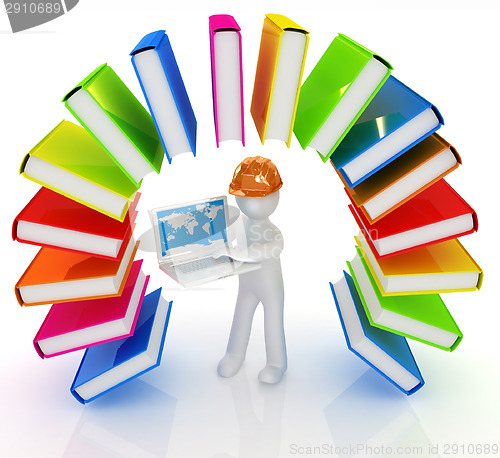 Image of Colorful books like the rainbow and 3d man in a hard hat with la