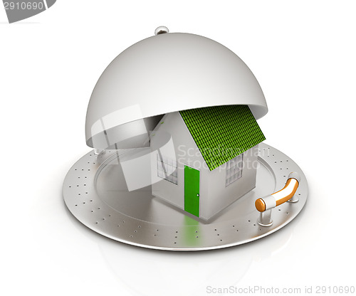 Image of house on restaurant cloche isolated on white background 
