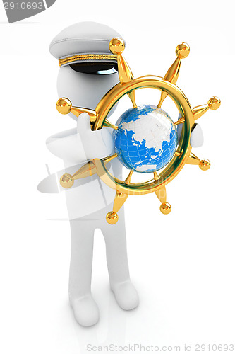 Image of Sailor with gold steering wheel and earth. Trip around the world