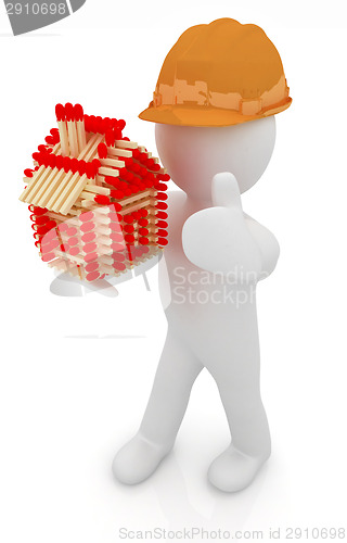 Image of 3d architect man in a hard hat with thumb up with log house from