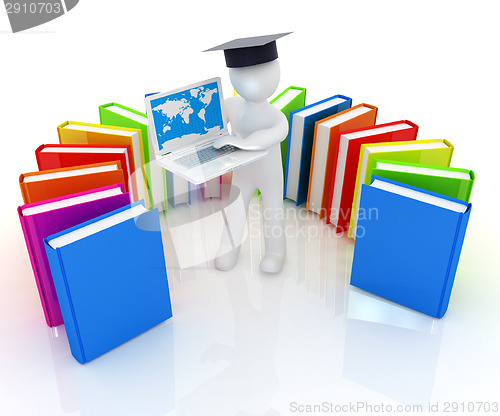 Image of 3d man in graduation hat working at his laptop and books 