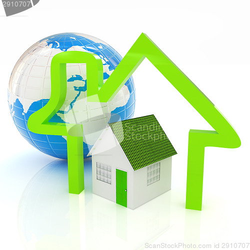 Image of 3d green house, earth and icon house on white background 