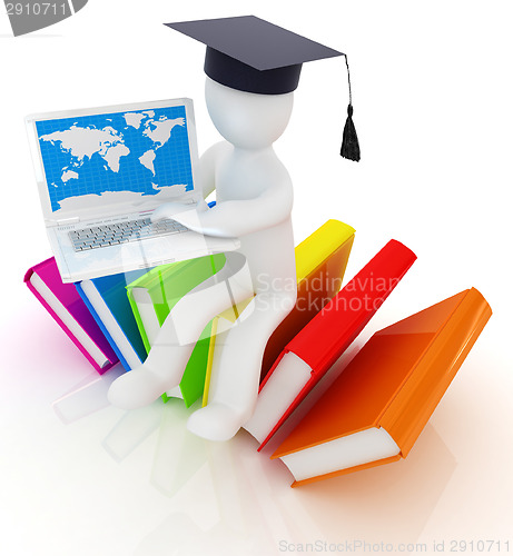 Image of 3d man in graduation hat sitting on books and working at his lap