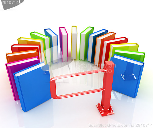 Image of Colorful books in a semicircle and tourniquet to control. The co