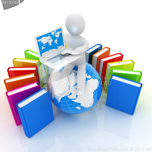 Image of 3d man sitting on earth and working at his laptop and books arou