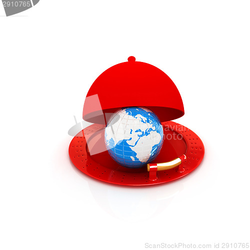 Image of Earth globe on glossy silver dish under food cover