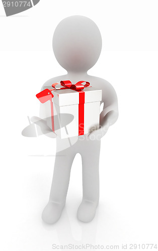 Image of 3d man and gift with red ribbon