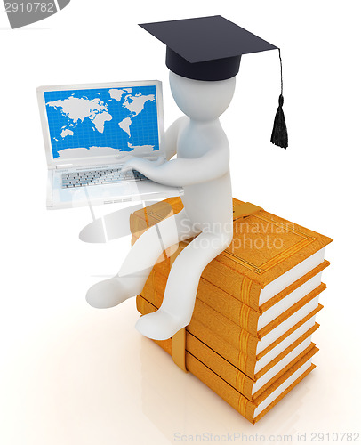 Image of 3d man in graduation hat sitting on books and working at his lap