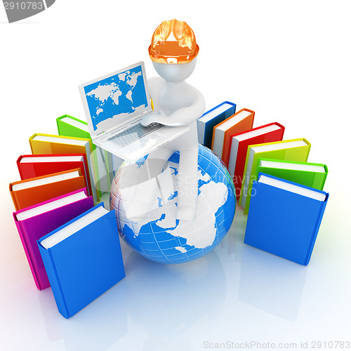 Image of 3d man in hard hat sitting on earth and working at his laptop an